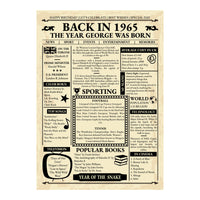 Unframed Back in 1965 newspaper style design with a custom name and facts on prices, sport, music and books