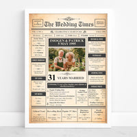 Personalised 31st wedding anniversary newspaper style poster with couple photo and names in a white frame