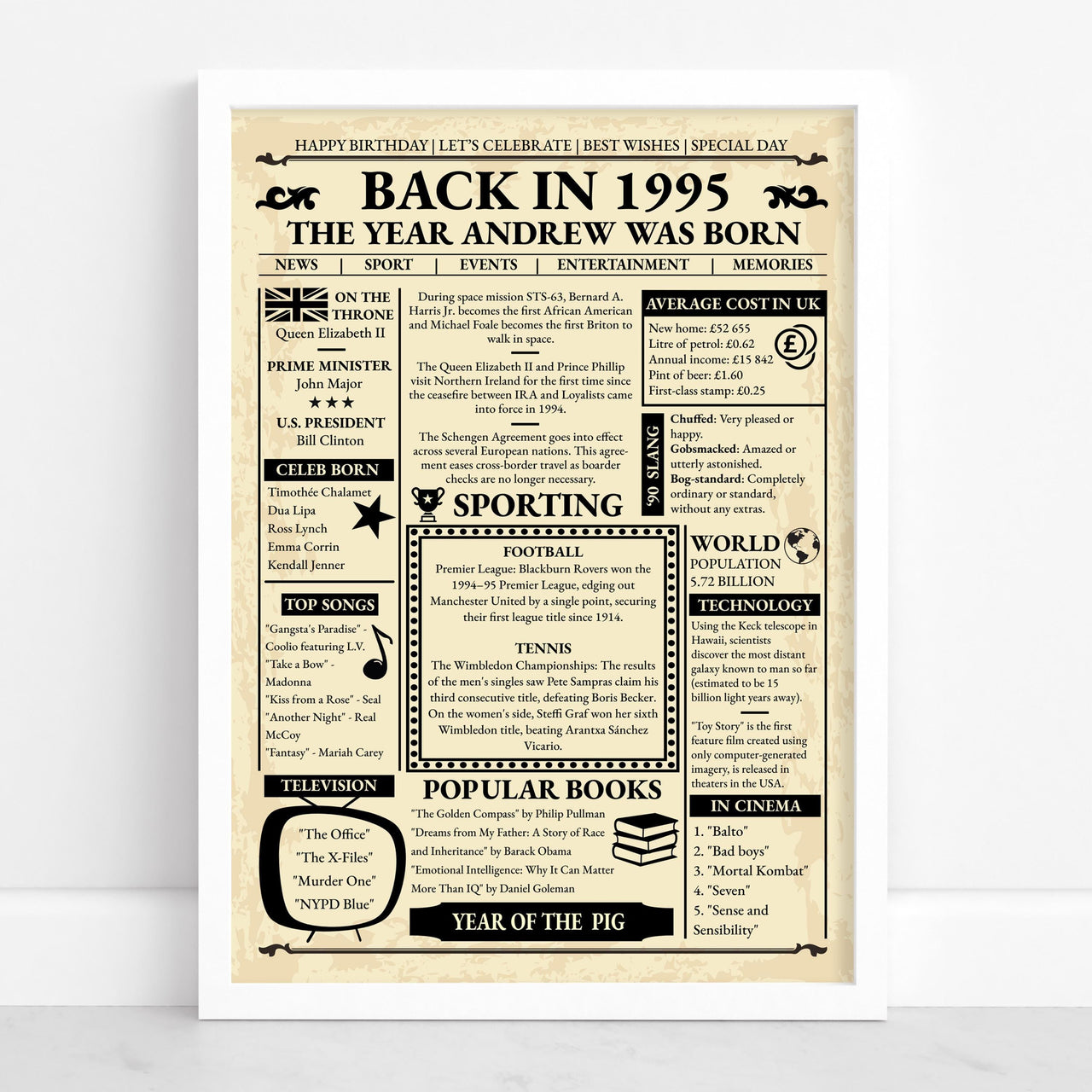 White framed 1995 birth year print with sample text The Year Andrew Was Born, standing against a white wall