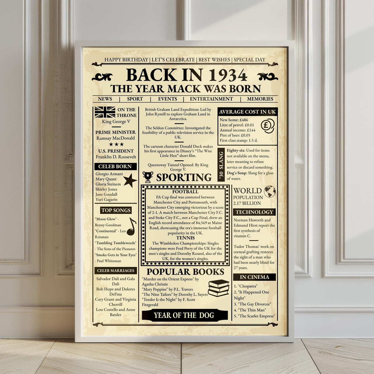 Back in 1934 front page style print in white frame leaning against panelled wall on wooden floor