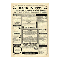 Unframed Back in 1995 newspaper design in black on cream with Year of the Pig, UK prices and 90s slang