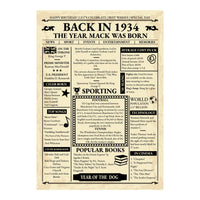 Unframed Back in 1934 poster sample with name Mack, sporting news, popular books and year of the dog