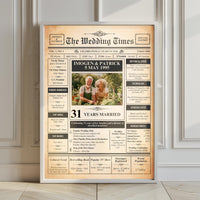 Anniversary newspaper style print in a white frame leaning against a panelled wall on a wooden floor