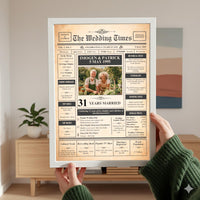 Person in a green jumper holding a white framed newspaper style anniversary print in a living room