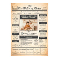 Unframed 40th ruby anniversary newspaper style print showing couple photo, 1986 facts and average prices