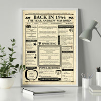 Framed 1944 retro newspaper print personalised with a name, on a white desk with a plant and grey lamp