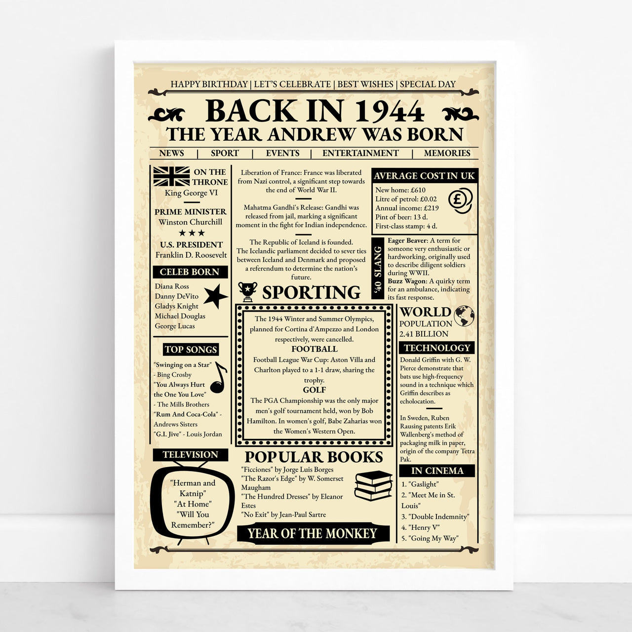 Personalised born in 1944 vintage newspaper poster in a white frame with news, prices and facts from the year