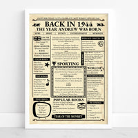 Personalised born in 1944 vintage newspaper poster in a white frame with news, prices and facts from the year