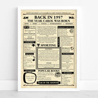 Back in 1957 front page style birthday poster in a white frame against a plain white wall