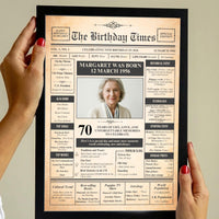 Hands holding a black framed 70th birthday newspaper style print with a photo, name and birth date