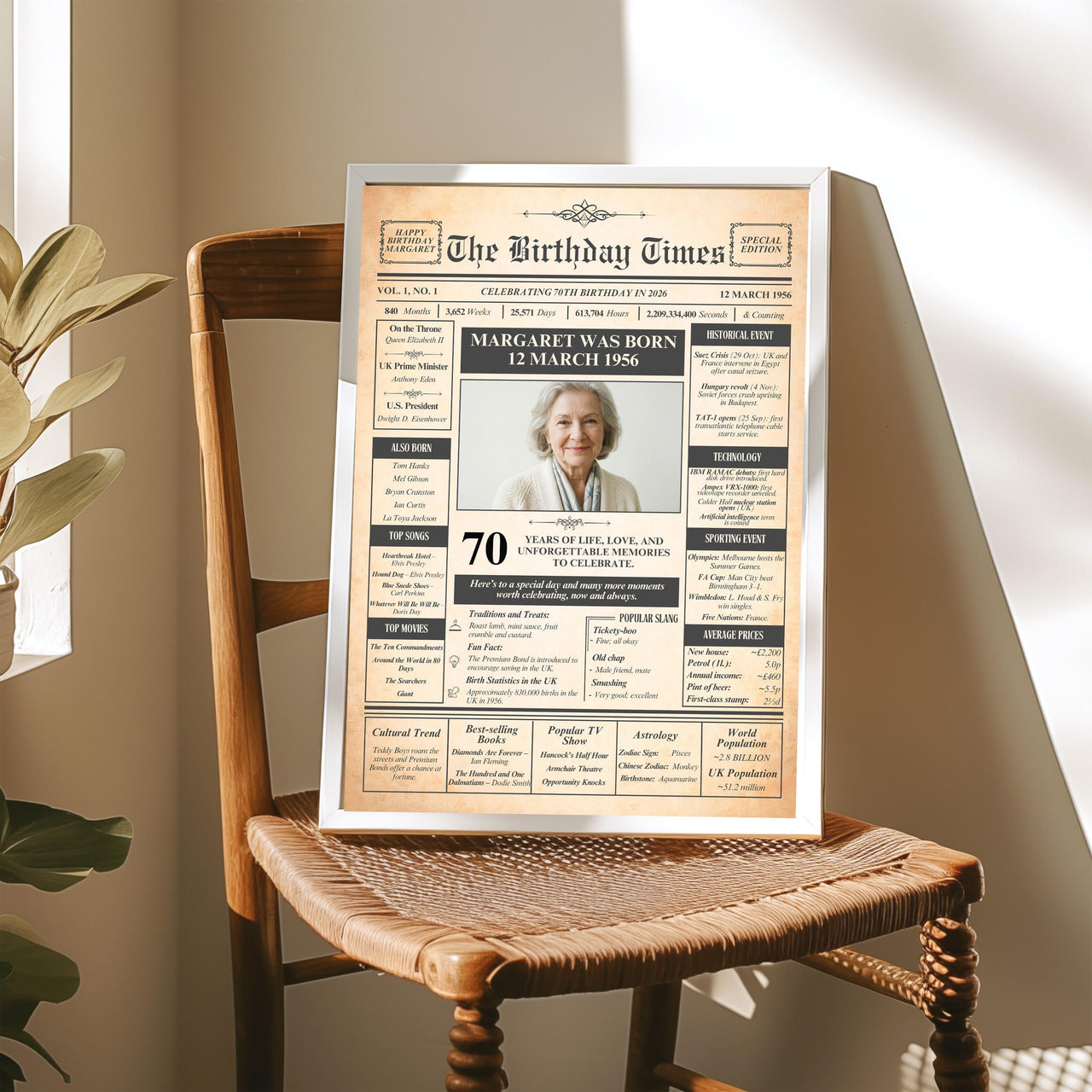 70th birthday photo front page print in a light frame on a rattan chair in warm sunlight
