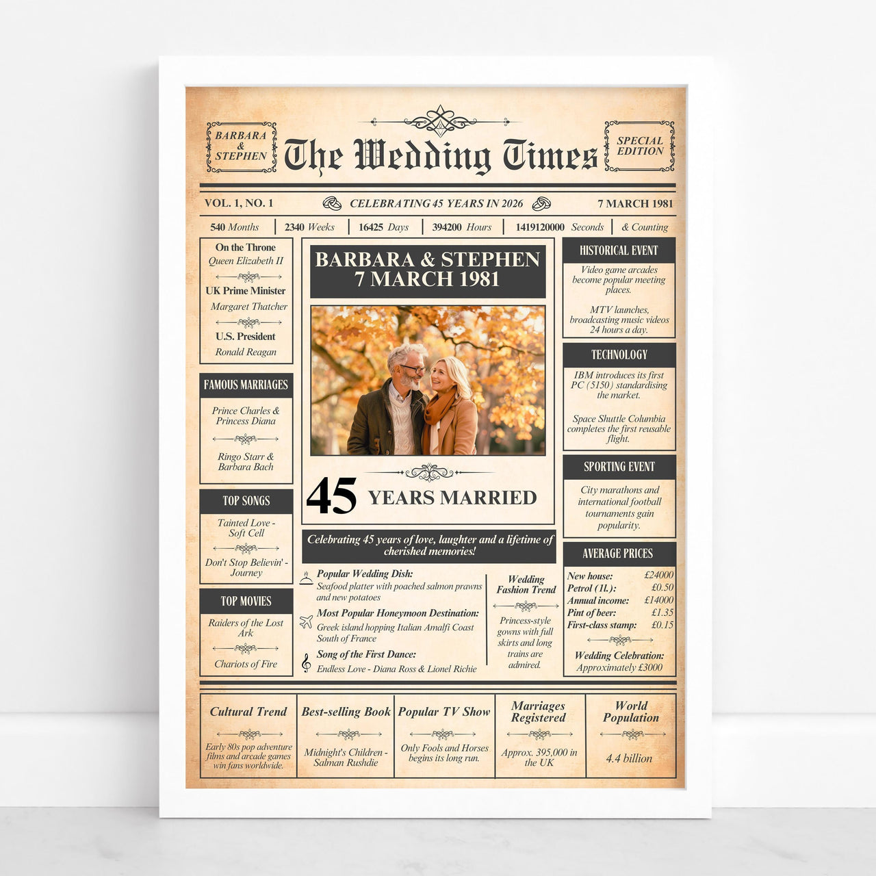 White framed 45 years married newspaper style print with a couple photo in autumn leaves, wedding date and names