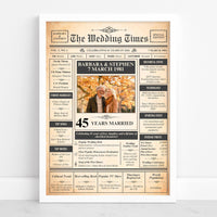 White framed 45 years married newspaper style print with a couple photo in autumn leaves, wedding date and names