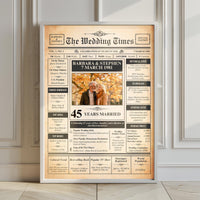 White framed 45 years married newspaper print leaning on a panelled wall, with couple photo and facts from 1981