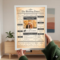 Hands holding a white framed wedding anniversary newspaper print in a living room, 45 years married headline