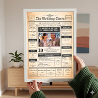 Person in a green jumper holding a white framed 20th anniversary print in a living room
