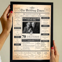 Hands holding a black framed 70th anniversary newspaper style poster showing Dorothy and Leonard, 2 June 1956