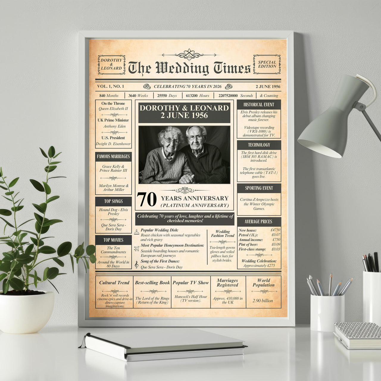 Framed 70 years anniversary poster leaning on a white desk beside a lamp, plant and pencil pot