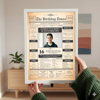 Hands in a green jumper holding a white framed 16th birthday photo poster in a living room