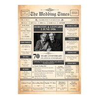 Unframed 70th anniversary print showing couple photo, names, 1956 wedding date and facts from that year
