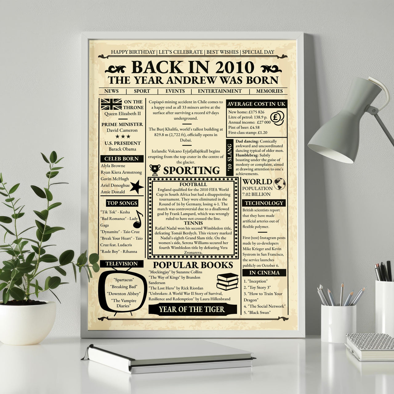 Framed Back in 2010 newspaper style birthday print beside a plant and lamp, with a name and facts from 2010