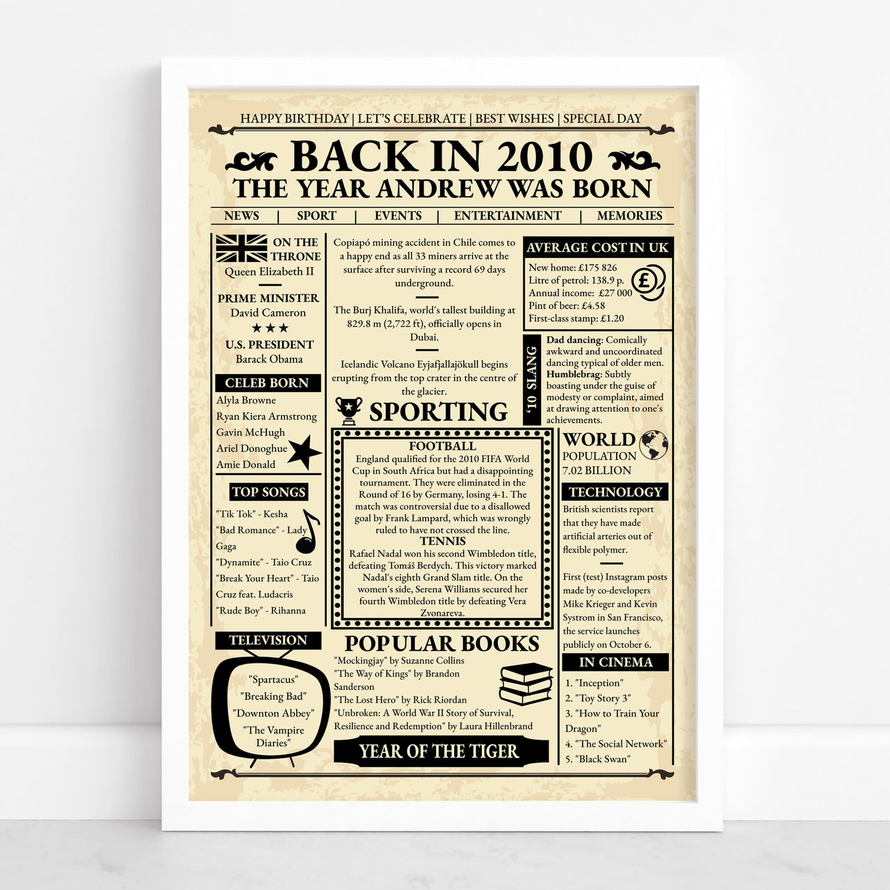White framed 2010 birthday newspaper print with name headline, top songs, sport, cinema and prices from that year