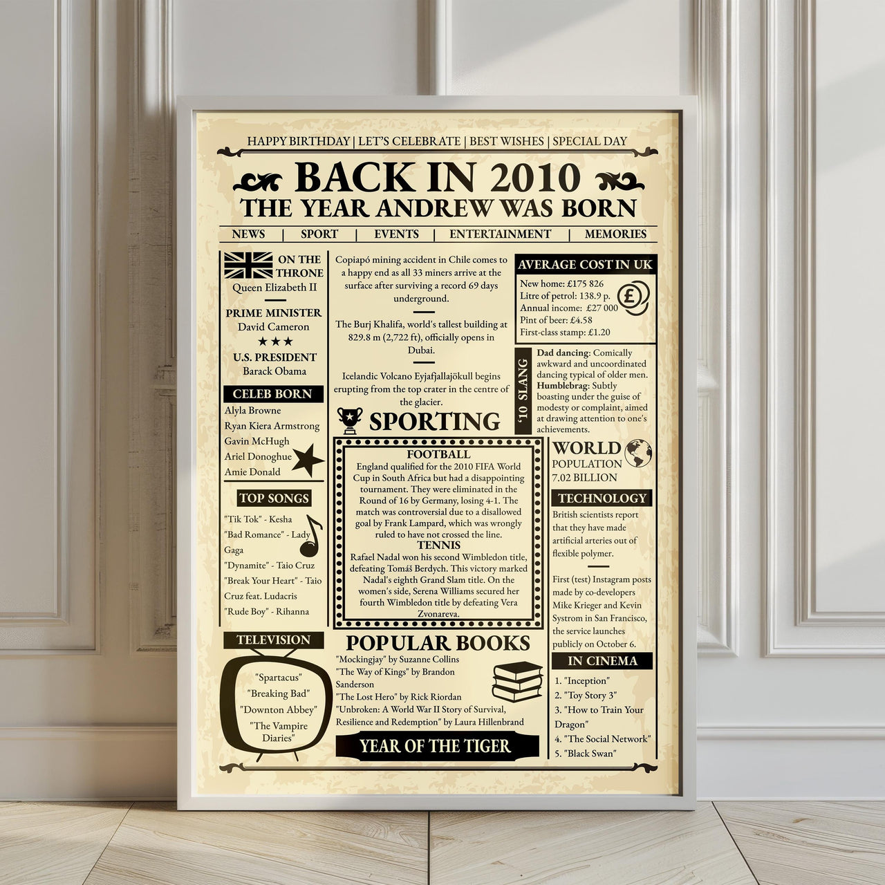 2010 newspaper style birthday poster in a white frame leaning on a panelled wall on a wooden floor
