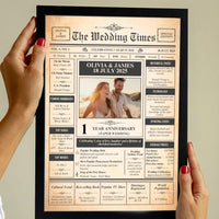 Hands holding a black framed paper wedding anniversary print with a couple photo and a one year anniversary headline