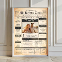 Framed aged paper anniversary poster leaning against a panelled wall, showing a wedding photo and year one facts