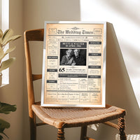 Framed blue sapphire anniversary print standing on rush seat wooden chair next to plant