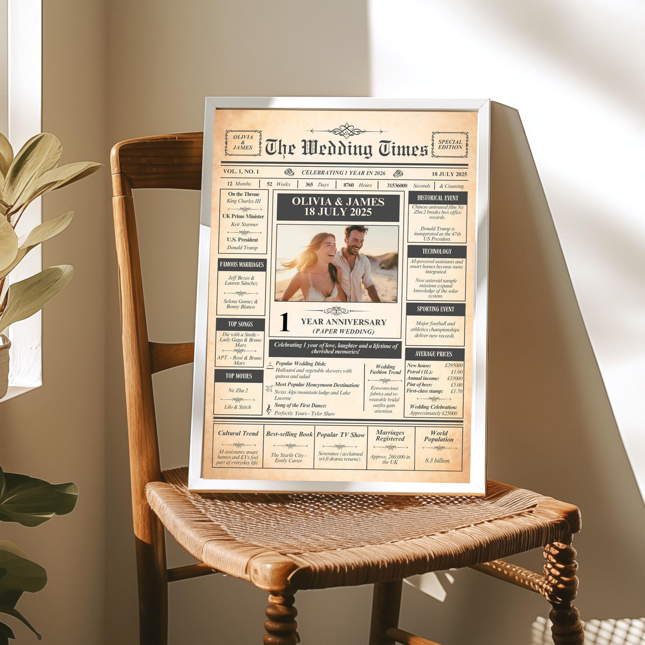 First wedding anniversary newspaper print in a light frame on a rattan chair in warm sunlight