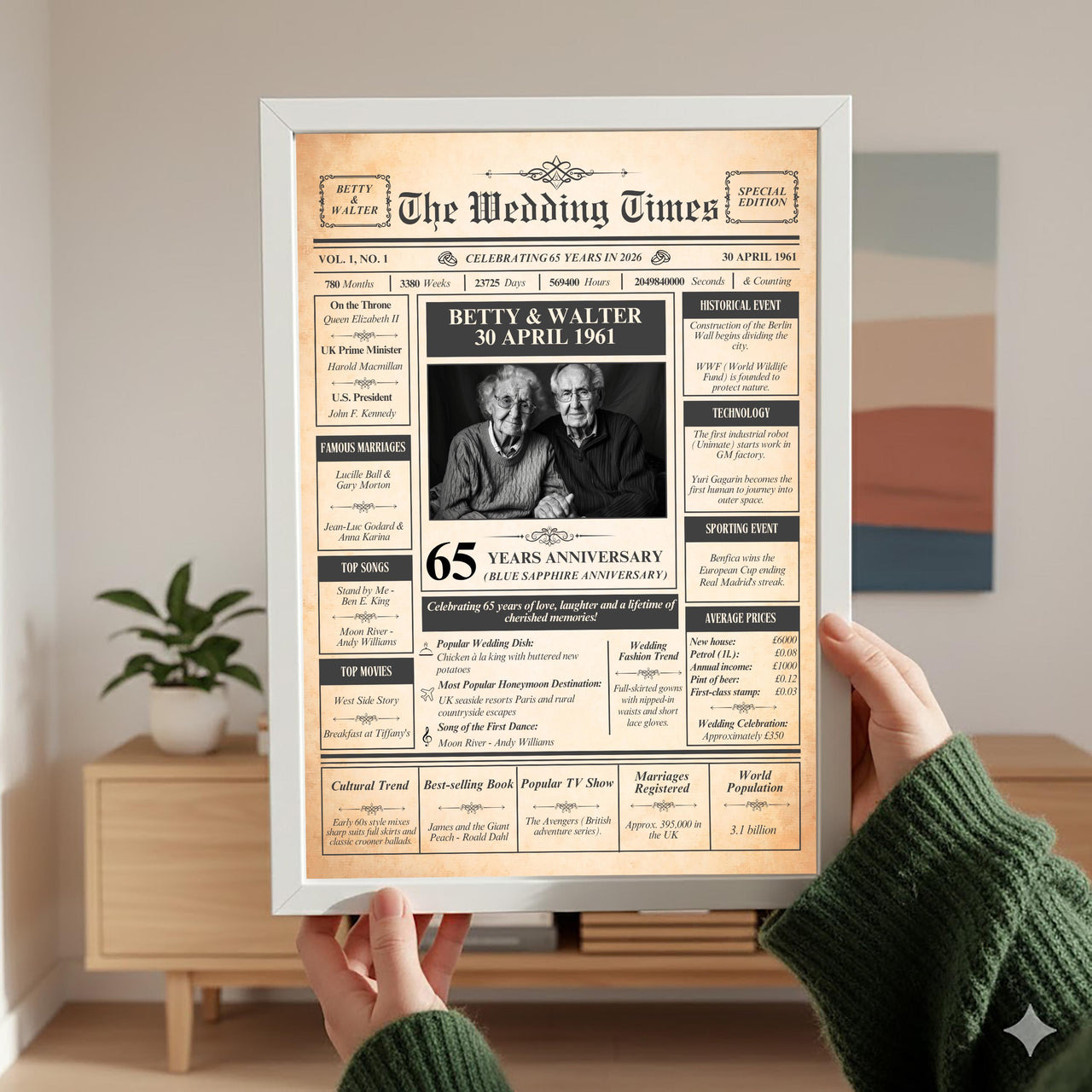 Hands holding white framed 65 years anniversary poster in living room with sideboard and plant