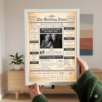Hands holding white framed 65 years anniversary poster in living room with sideboard and plant