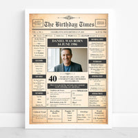 Personalised 40th birthday front page print with photo, name and birth date in a white frame