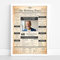 60th birthday newspaper poster in a white frame, sample headline Peter Was Born 19 August 1966 with portrait photo