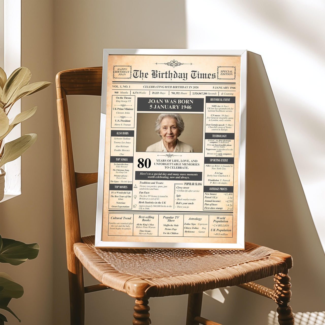 Silver framed 80th birthday poster on a wooden chair with a woven seat beside a plant