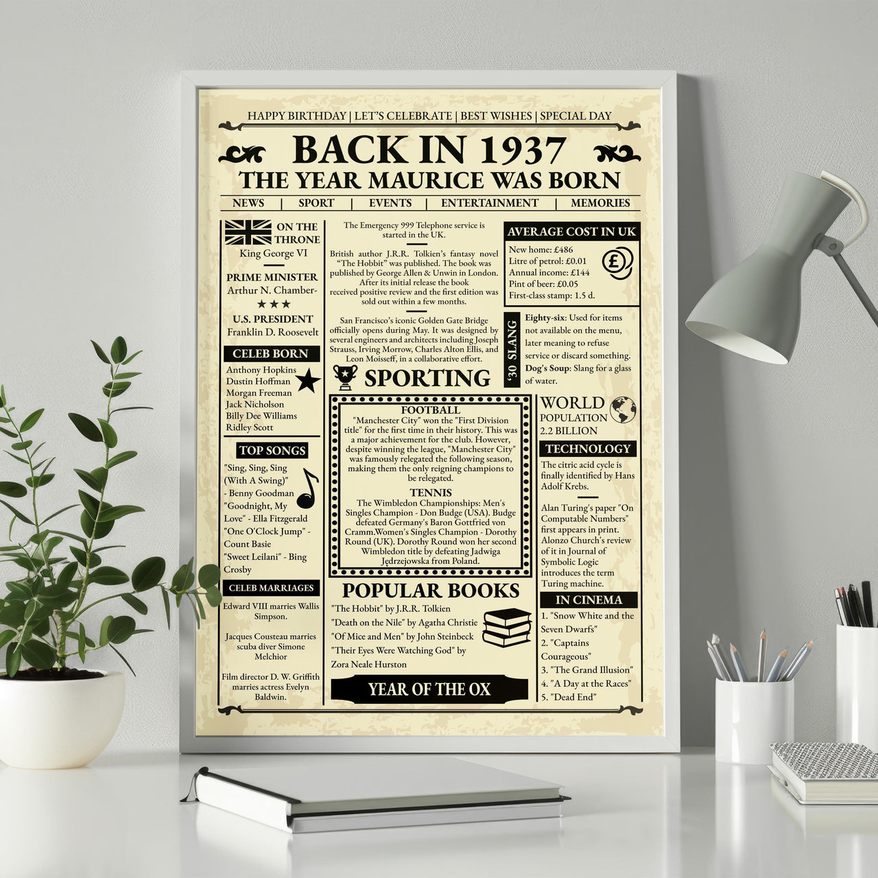 Back in 1937 newspaper style print in a white frame on a desk with a lamp, plant and pencil pot
