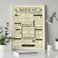 Back in 1937 newspaper style print in a white frame on a desk with a lamp, plant and pencil pot