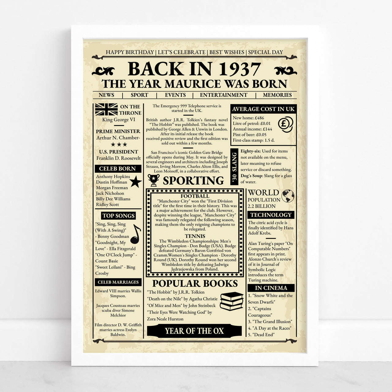 White framed 1937 birth year poster with sample text The Year Maurice Was Born, against a white wall