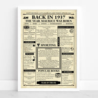 White framed 1937 birth year poster with sample text The Year Maurice Was Born, against a white wall
