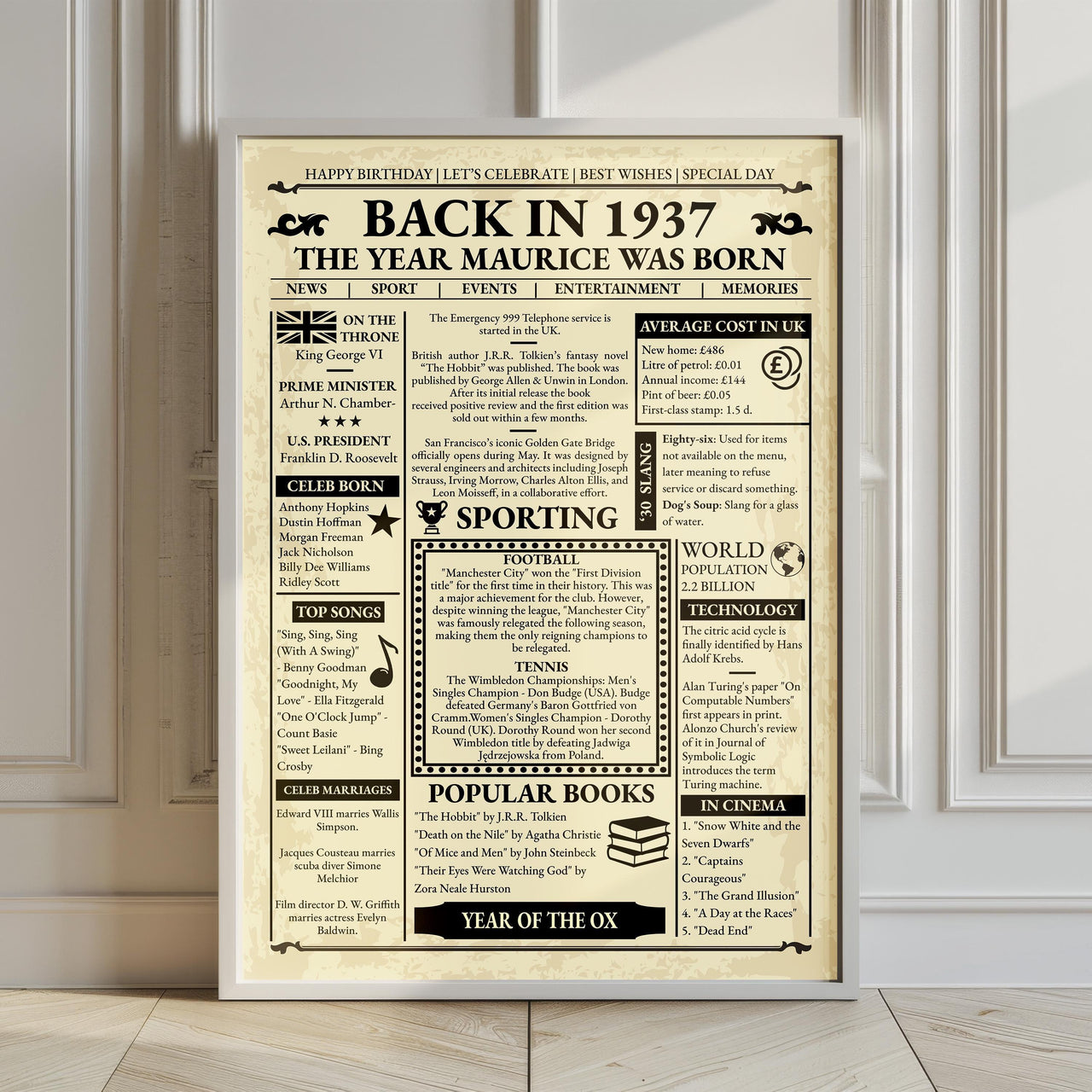 Large framed Back in 1937 newspaper print leaning against a panelled wall on a light wooden floor