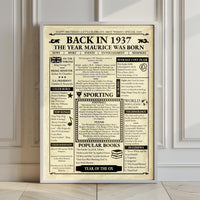 Large framed Back in 1937 newspaper print leaning against a panelled wall on a light wooden floor