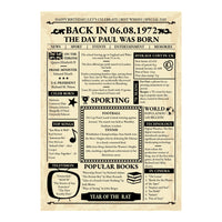 Unframed Back in 1972 poster sample with name Paul, sporting news, popular books and year of the rat