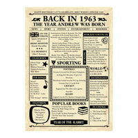 Unframed Back in 1963 newspaper print with name headline, year of the rabbit and top songs list