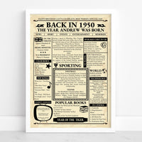 Personalised 1950 birthday newspaper poster in a white frame against a white wall, showing name and year