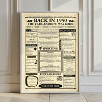 Framed 1950 retro newspaper print leaning against a panelled wall on a light wooden floor