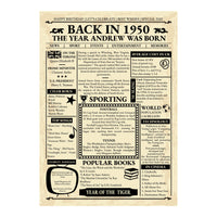 Full view of the 1950 retro newspaper print design with news, sport, prices, books and cinema