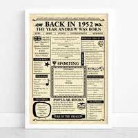 White framed 1952 birthday newspaper print with name headline, songs, sport, cinema and prices from that year