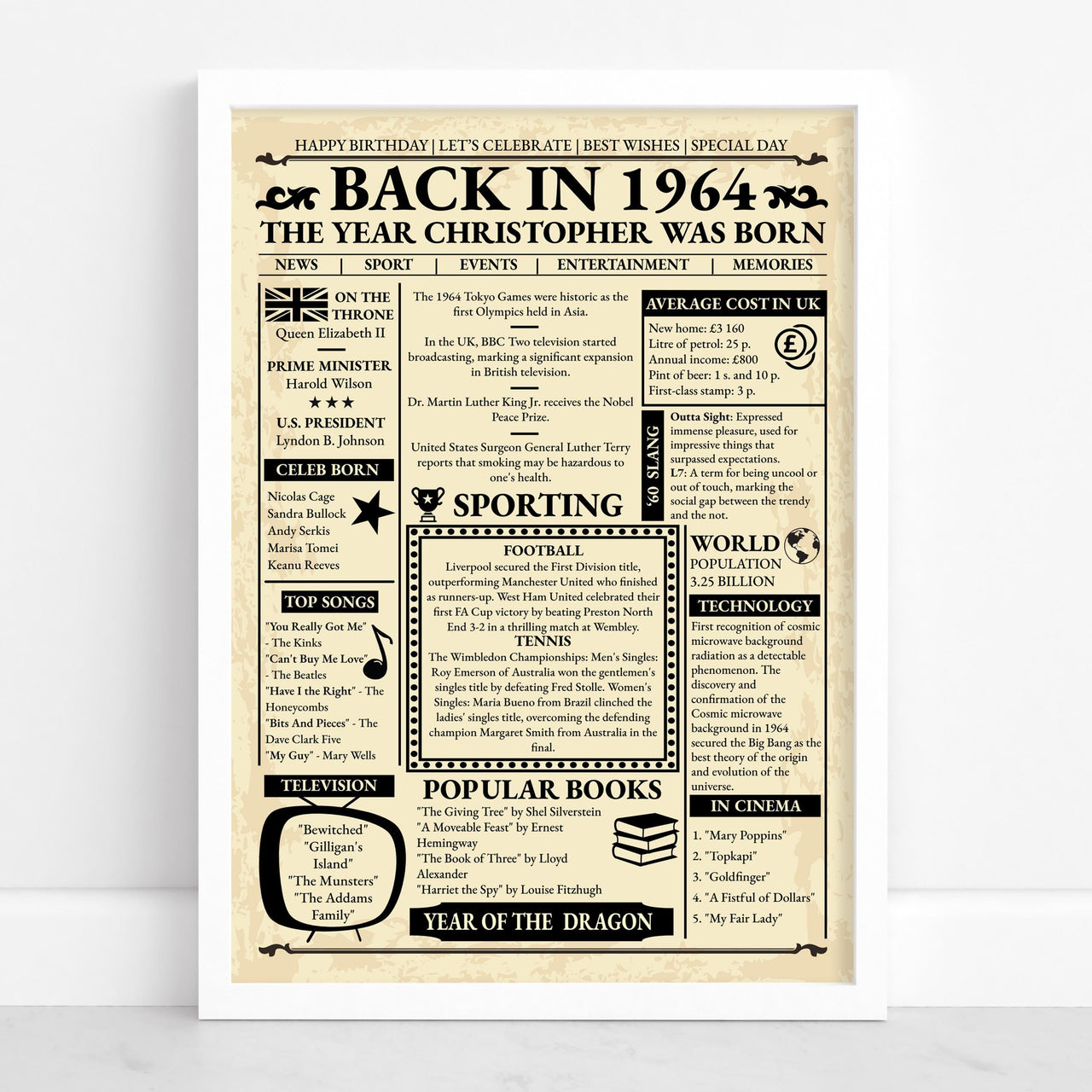 White framed 1964 birthday newspaper print with name headline, songs, cinema, sport and prices from that year