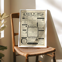 2005 birthday newspaper print in a silver frame resting on a rush seat wooden chair in warm sunlight